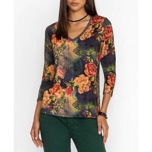 Johnny Was Janie Favorite V Neck Floral Rose Print Top Small Boho Stretch